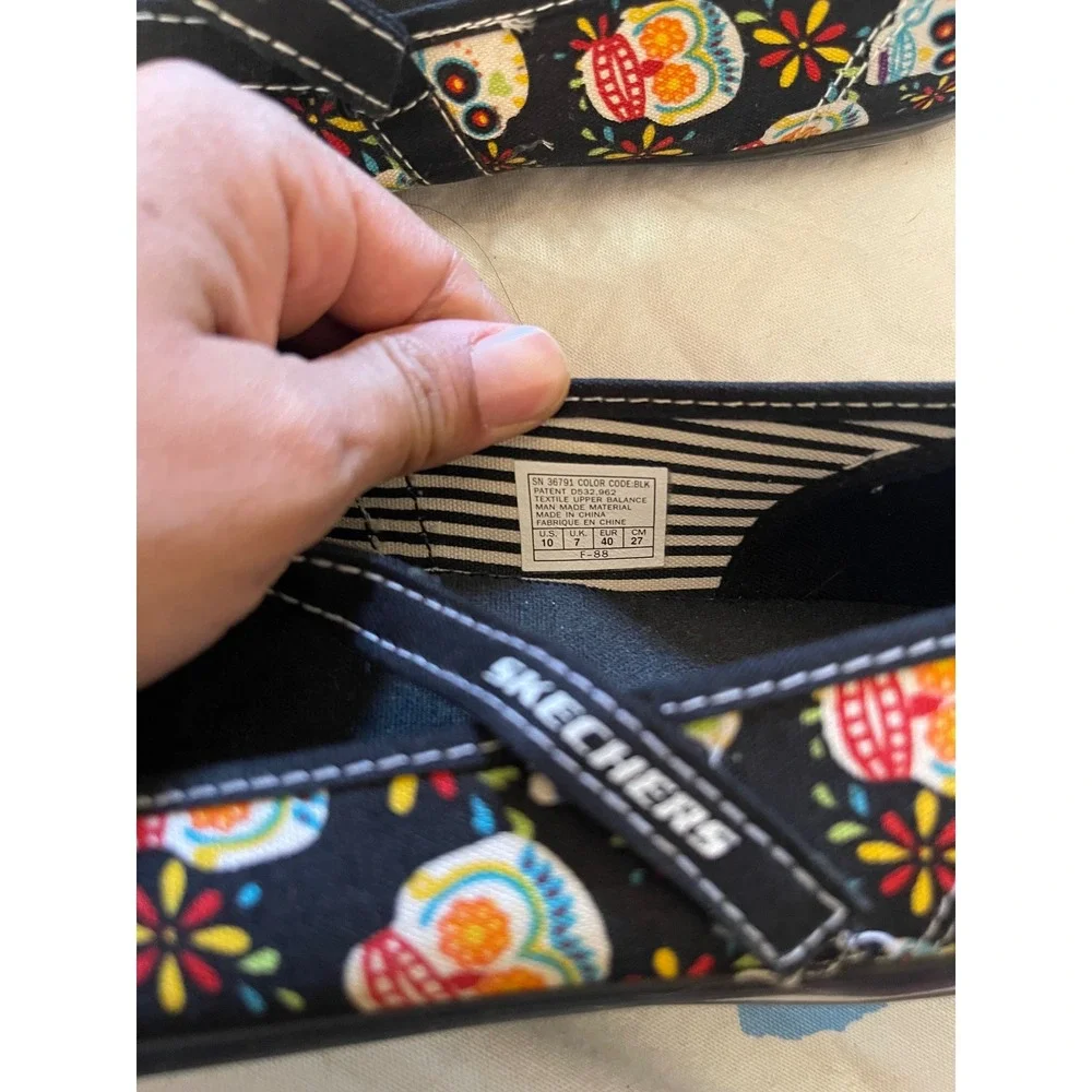 Y2k skechers Women Sugar Skull‎ Day of the Dead Mary Jane Black Flats Size 10